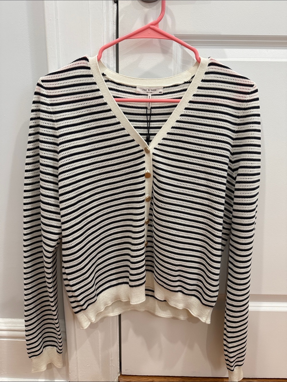 rag & bone Black and White Striped Crewneck Cardigan